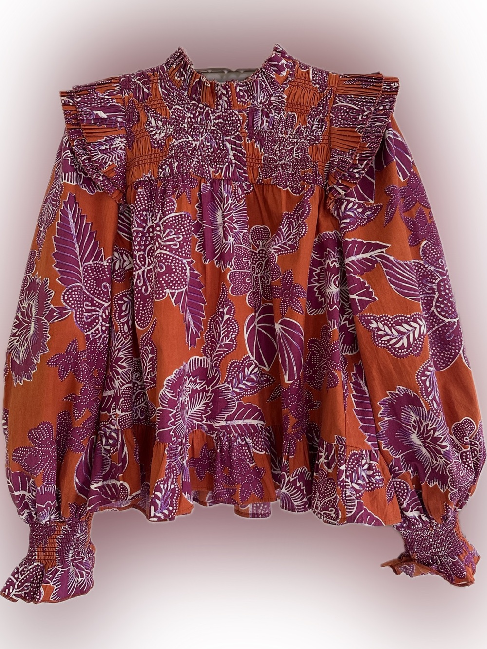 Love The Label Long sleeve, smocked, ruffle shirt. Orange/purple/maroon. Sz Sm - Picture 2 of 7